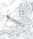 2020 anthro antlers day deer detailed_background digital_media_(artwork) hi_res hooves horn male mammal monochrome musical_instrument outside sketch smile solo yakovlev-vad