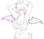 alternate_species animal_humanoid bat bat_humanoid big_breasts blue_eyes blush bodily_fluids breasts cleavage clothed clothing female hair hands_behind_head hi_res humanoid humanoidized mammal mammal_humanoid membrane_(anatomy) membranous_wings navel rouge_the_bat sega shirt short_hair simple_background solo sonic_the_hedgehog_(series) sweat tabletorgy tank_top topwear white_background white_hair wings