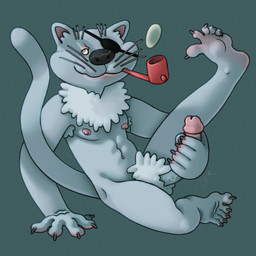 anthro black_nose chest_tuft erection eye_patch eyewear feet fur genitals glans grey_body grey_fur humanoid_feet long_penis male masturbation muscular muscular_male nipples penile penis pink_glans pink_nipples pipe plantigrade pubes raised_leg silly_pose simple_background sitting smoking solo toony tuft ravuer kievnauchfilm treasure_island_(1988_film) cat_of_billy_bones domestic_cat felid feline felis mammal 1:1 hi_res