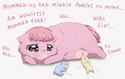 abuse ambiguous_gender baby_talk blue_body blue_fur bodily_fluids crying dialogue emaciated eyelashes eyes_closed feral fluffy fur gore group hair mastectomy_scar neonate pained_expression pink_body pink_fur pink_hair pink_tail sad scar snot surgical_scar tail tears teeth text trio yellow_body yellow_fur young young_ambiguous young_feral serasugee fluffy_pony fluffy_pony_(species) mammal english_text hi_res