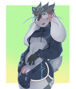 anthro athletic_wear big_bulge big_ears black_eyes blush bodily_fluids bottomwear breasts breath bulge clothed clothing crop_top cropped_hoodie dolphin_shorts eyewear femboy floppy_ears fur genital_outline genitals glasses grey_body grey_fur grey_hair gym_bottomwear gym_shorts hair hoodie hotpants looking_at_viewer lop_ears male midriff nipple_slip nipples open_mouth panting penis penis_poking_out shirt shorts simple_background small_waist solo stretched_clothing sweat sweatdrop sweaty_body sweaty_legs sweaty_thighs tail teeth tongue topwear under_boob vein veiny_penis wearing_glasses gimnie ourobunny domestic_rabbit lagomorph leporid lop_rabbit mammal oryctolagus rabbit absurd_res digital_media_(artwork) hi_res shaded