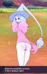 bottomwear butt clothed clothing clothing_lift female not_furry skirt skirt_lift smile solo text rosefromsin nintendo pokemon generation_8_pokemon hatterene pokemon_(species) english_text