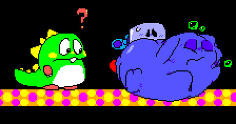 ambiguous_gender ambiguous_pred anthro anthro_prey armless belly belly_on_ground big_belly black_background black_eyes blue_belly blue_body blush blush_lines bodily_fluids body_outline bubble cheek_spots closed_frown confusion countershade_belly countershade_scales countershading duo empty_eyes face_imprint feet flustered foot_imprint frown fully_inside glistening glistening_belly green_body green_scales half-closed_eyes head_spikes huge_belly hyper hyper_belly imprint looking_at_another looking_at_another's_belly looking_at_belly monotone_background monotone_belly mouth_closed narrowed_eyes nude_ambiguous object_pred pupils question_mark red_arms red_feet resting_on_belly rumbling_stomach scales short_arms short_legs simple_background single_tooth size_difference smaller_pred soft_vore spiked_tail spikes spikes_(anatomy) standing straining sweat sweatdrop tail unseen_prey vore white_belly white_body white_pupils white_scales wind-up_toy yellow_cheeks meatcanister bubble_bobble mythology square_enix taito bub_(bubble_bobble) daniel_(meatcanister) bubble_dragon dragon living_toy mythological_creature mythological_scalie scalie waddling_head zen-chan 2026 digital_media_(artwork) english_description full-length_portrait pixel_(artwork) portrait