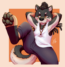 anthro black_body black_fur bottomwear brown_body brown_eyes brown_fur clothing dreadlocks footwear fur fur_tuft hair jewelry long_hair male necklace pants paws shirt shoes short_ears simple_background smug_face solo suggestive_pose sweatpants tank_top toeless_footwear topwear tuft alf_doggo_(artist) canid canine canis domestic_dog mammal shiba_inu spitz hi_res