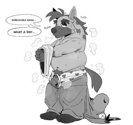 4_fingers anthro belly biped bodily_fluids bottomwear bottomwear_down boxers_(clothing) breath clothed clothing costume fingers flaccid foreskin fur fur_markings genitals half-closed_eyes heart_boxers heart_clothing heart_symbol heart_underwear humanoid_hands long_tail male markings mature_male musk narrowed_eyes navel notched_ear pants pants_down partially_clothed penis penis_through_underwear pointy_ears pubes shirt simple_background slightly_chubby solo standing sweat tail text topless topwear underwear undressing bunnbnui twende_(series) boss_(twende) hyena mammal 2026 hi_res monochrome swahili_text