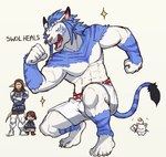 abs ambiguous_gender anthro armor biceps blue_body blue_fur bottomwear claws clothed clothing crouching eyes_closed flexing flexing_bicep fur group inner_ear_fluff male markings muscular muscular_male open_mouth pecs shorts simple_background smile solo_focus striped_markings stripes text topless topless_male tuft twinkle white_body white_fur dahecksajerry final_fantasy final_fantasy_xiv square_enix au_ra felid hrothgar humanoid lalafell mammal moogle scalie english_text