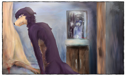 anthro bathroom bleak_ambiance blood bodily_fluids border duo female looking_at_viewer male male/female mirror mirror_reflection reflection white_border mr.foxman beastars juno_(beastars) legoshi_(beastars) canid canine canis mammal wolf 2025 hi_res