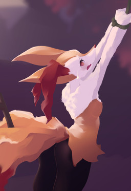 anthro blush bound captured female outside restrained solo kefircream nintendo pokemon braixen canid canine fox generation_6_pokemon mammal pokemon_(species) absurd_res hi_res