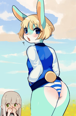anthro blonde_hair blue_body blue_clothing blue_eyes blue_fur blue_jacket blue_topwear blush body_blush bottomwear butt butt_blush clothed clothing cloud countershade_butt countershade_face countershading crossgender duo eyelashes female femboy fur green_eyes hair jacket long_hair long_sleeves looking_at_viewer looking_back looking_back_at_viewer male open_mouth outside panties pattern_bottomwear pattern_clothing pattern_panties pattern_underwear question_mark rear_view short_hair sky solo_focus striped_bottomwear striped_clothing striped_panties striped_underwear stripes topwear underwear white_body white_countershading white_fur fredek666 animal_crossing nintendo sasha_(animal_crossing) human lagomorph leporid mammal rabbit digital_media_(artwork) hi_res shaded