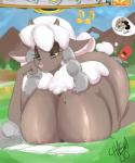 anthro anthrofied areola big_breasts breasts female huge_breasts lying nipples nude on_front pokemorph reading shearing solo text chasm006 nintendo pokemon generation_8_pokemon pokemon_(species) wooloo 2019 5:6 absurd_res english_text hi_res