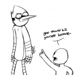 1:1 2015 ambiguous_gender angry anthro avian beak bird black_and_white blue_jay cartoon_network corvid dialogue duo english_text feathers featureless_crotch gesture hand_gesture jay_(bird) male mammal monochrome mordecai_(regular_show) new_world_jay nude oscine passerine pointing pyrocynical rebornica regular_show simple_background speech_bubble standing text threatening white_background