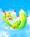 candy cloud dessert eyes_closed female feral food fur green_body green_fur happy outside pink_nose sky skyscape solo sparklefur tail falvie mars_incorporated skittles_(candy) falvie_(character) canid fionbri mammal digital_media_(artwork)