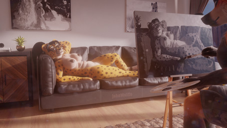 abs amber_eyes anthro areola big_breasts black_hair breasts brown_body brown_fur droste_effect duo eyewear facial_markings female fur furniture glasses hair head_markings inside light long_hair lying male male/female markings muscular muscular_anthro muscular_female nipples nude on_back on_sofa painting_(object) ponytail pose sitting sofa spots spotted_body spotted_fur sunlight tasteful_nudity whiskers yellow_body yellow_fur johnwulffe draw_me_like_one_of_your_french_girls chenira_(johnwulffe) guarez_(johnwulffe) canid canine canis cheetah felid feline felis mammal maned_wolf 16:9 3d_(artwork) digital_media_(artwork) hi_res meme widescreen
