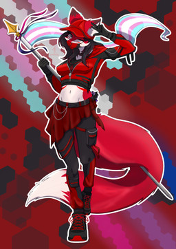 anthro bottomwear clothing crop_top female flag flag_(object) fluffy fluffy_tail fur gynomorph gynomorph/female hoodie intersex intersex/female lgbt_pride red_body red_bottomwear red_clothing red_crop_top red_fur red_hoodie red_shirt red_skirt red_topwear shark_plushie shirt simple_background skirt slim solo streetwear tail techwear topwear white_body white_fur shuiroraijin canid canine fox mammal red_fox true_fox absurd_res black_and_red hi_res trans_(lore) trans_woman_(lore)