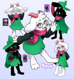 3_toes 4_fingers anthro barefoot black_body black_fur blush eyewear feet fingers fur glasses horn logo looking_at_viewer male pink_eyes pink_horn solo toes white_body white_fur poffusagi deltarune undertale_(series) ralsei boss_monster_(undertale) bovid caprine darkner goat humanoid mammal 2025 absurd_res artist_logo collage_(artwork) hi_res reference_image watermark