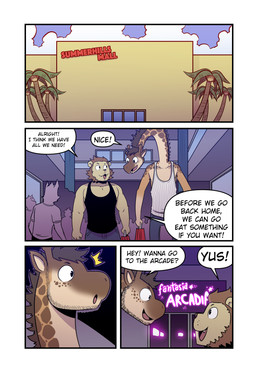 black_clothing black_shirt black_topwear bottomwear brown_body brown_hair brown_mane clothing coconut_tree cute_fangs day dialogue duo_focus eye_contact fangs four_frame_image fruit_tree group hair happy holding_bag horn inside long_neck looking_at_another male mall mane ossicone palm_tree pants plant shirt shopping_bag silhouette sky speech_bubble standing surprised tank_top teeth text topwear tree white_clothing white_shirt white_topwear yellow_body t0l0k andrew_(t0l0k) background_character scott_(t0l0k) felid giraffe giraffid lion mammal pantherine comic english_text hi_res