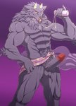 abs anthro balls blep erection fluffy fluffy_tail fur genitals horn humanoid_genitalia humanoid_penis looking_at_viewer male mane muscular muscular_male nude penis purple_body purple_fur smile solo tail tongue tongue_out towel towel_only broken_(artist) lifewonders tokyo_afterschool_summoners bathym_(tas) canid canine canis demon mammal wolf censored hi_res mosaic_censorship