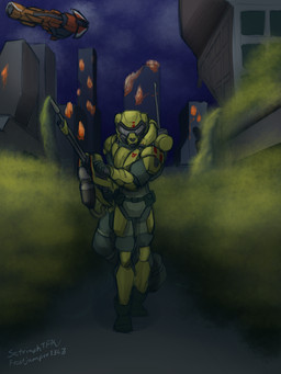 anthro armor burning burning_building chemical_warfare chemical_weapon cloud cloudy_sky dark destroyed_city destroyed_structure destroyed_wall full_body_armor full_body_suit hazmat hazmat_suit male military science_fiction sketchy sky soldier spacecraft vehicle walking warrior weapon yellow_armor hazop setriaphtfj chemical_hazard felid feline mammal 3:4 absurd_res hi_res