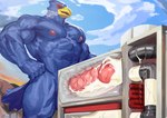 anthro areola balls beak big_muscles big_penis biped blue_body blue_feathers bodily_fluids cum cum_inside erection excessive_cum excessive_genital_fluids eyes_closed facility feathers genital_fluids genitals huge_muscles internal machine macro male milking_machine muscular muscular_anthro muscular_male nipples non-mammal_balls non-mammal_nipples orgasm penetration penile penis penis_milking solo vein veiny_penis worship traver009 nintendo star_fox falco_lombardi avian bird absurd_res hi_res