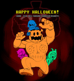 ambiguous_gender ambiguous_human anniversary anthro female female_anthro for_a_head group happy_halloween holiday_message holidays jack-o'-lantern larger_humanoid larger_male male male_anthro male_humanoid muscular muscular_humanoid muscular_male pumpkin_head size_difference smaller_ambiguous smaller_anthro smaller_female smaller_human smaller_male text pixelatedengie deltarune halloween undertale_(series) jackenstein jackenstein's_pumpkin kris_dreemurr ralsei susie_(deltarune) bovid caprine darkner goat human humanoid mammal monster object_head scalie 2025 absurd_res colored digital_media_(artwork) english_description english_text hi_res