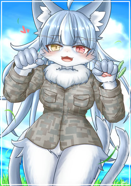 ahoge anthro bangs biped blue_body blue_fur blue_hair blush blush_lines bottomless breasts camo camo_clothing camo_print camo_topwear claws clothed clothing coat coat_only crossgender day fangs featureless_crotch female forked_tail front_view fur grass grey_body grey_fur hair heterochromia inner_ear_fluff long_hair looking_at_viewer medium_breasts military_clothing mtf_crossgender neck_tuft open_mouth open_smile outside pattern_clothing pattern_topwear paw_pose pawpads pink_pawpads plant pose sky smile smiling_at_viewer solo standing tail teeth topwear topwear_only tuft unusual_anatomy unusual_tail wide_hips gafu0320real japan_air_self-defense_force omaneko_(jasdf) domestic_cat felid feline felis mammal 2024 digital_drawing_(artwork) digital_media_(artwork) hi_res portrait three-quarter_portrait male_(lore)