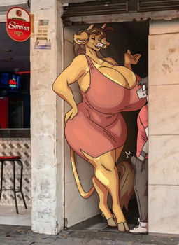 anthro big_breasts breasts brown_body brown_fur bulge clothing curvy_figure duo erection erection_under_clothing female fur huge_breasts male male/female thick_thighs voluptuous wide_hips slightlysimian a_chance_encounter molly_(slightlysimian) bovid bovine cattle mammal unknown_species absurd_res hi_res meme