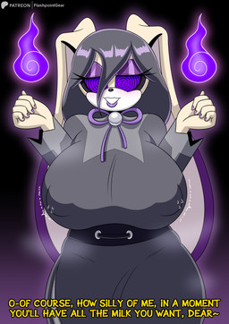 anthro big_breasts black_hair black_nose blush blush_lines bodily_fluids breasts clothing colored_nails cosplay countershading dipstick_ears dress ear_markings ears_down eye_markings eyelashes eyeshadow female fingernails fur hair huge_breasts hypnosis hypnotic_eyes lactating lactating_through_clothing lips lipstick long_ears makeup markings milk mind_control multicolored_ears nails nipple_outline pivoted_ears purple_eyes purple_eyeshadow purple_fingernails purple_lips purple_lipstick purple_nails tan_body tan_fur text wet wet_clothing white_body white_countershading white_fur wisps flashpointgear nintendo pokemon sega sonic_the_hedgehog_(series) hex_maniac vanilla_the_rabbit lagomorph leporid mammal rabbit absurd_res english_text hi_res