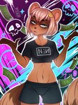 accessory annoyed anthro band_merch bottomwear clothing female hair_accessory hairpin hotpants money shorts solo vibrant_background siveriya nine_inch_nails taki_(taliyeh) animal_humanoid canid canid_humanoid canine canine_humanoid humanoid mammal mammal_humanoid tanuki_humanoid absurd_res hi_res