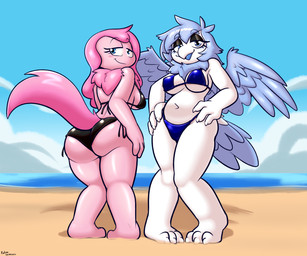 3_toes anthro beach beak big_butt bikini black_bikini black_bikini_bottom black_bikini_top black_clothing black_eyeshadow black_swimwear blue_bikini blue_bikini_bottom blue_bikini_top blue_body blue_clothing blue_eyes blue_feathers blue_hair blue_swimwear blush breasts butt claws clothing duo eyebrows eyeshadow feathers feet female front_view fur hair hands_on_hips looking_at_viewer looking_back makeup medium_breasts navel non-mammal_breasts non-mammal_navel open_mouth outside pink_body pink_fur pink_hair pupils raised_eyebrows rear_view sand sea side_boob slightly_chubby slightly_chubby_anthro slightly_chubby_female smile smirk swimwear thick_thighs toe_claws toes two-piece_swimsuit water white_beak white_body white_claws white_feathers wide_hips felino breeze_(dfrag) selene_(dfrag) alien avian satomi_(species) 2026 6:5 absurd_res hi_res