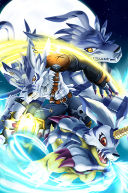abs anthro attack black_nose blue_body blue_fur blue_markings claws dog_tags ear_piercing fangs feral fur group horn markings moon night piercing red_eyes scar sharp_teeth spikes teeth yellow_body yellow_eyes sonicolas bandai_namco digimon digimon_(species) gabumon garurumon weregarurumon absurd_res hi_res