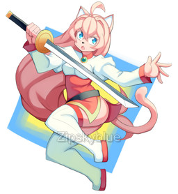 anthro blue_eyes breasts female fur holding_object holding_weapon melee_weapon pink_body pink_fur solo sword tail weapon zipskyblue meredith_(zipskyblue) felid feline mammal absurd_res hi_res
