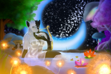 anthro bath bathing creek female harp light moon moonlight musical_instrument night plucked_string_instrument solo split_color string_instrument anonymous_artist assaundrell oracle deity hi_res