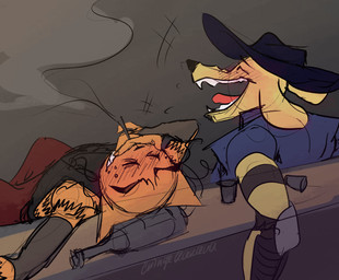 anthro blush cigarette clothing container cowboy_hat cup drinking_glass drunk duo glass glass_container glass_cup hat headgear headwear laugh male shot_glass sitting smoking smoking_cigarette substance_intoxication cringe_kakava dog_man_(series) dog_man_(character) petey_the_cat canid canine felid feline humanoid mammal absurd_res hi_res