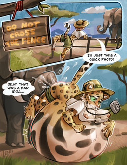 anthro belly big_belly blue_background breasts butt camera clothing duo female fur green_sclera grey_body hat headgear headwear huge_belly hyper hyper_inflation inflation liquid_inflation lying lying_on_self nipples on_front outside simple_background speech_bubble text water_inflation yellow_body yellow_fur blacksisters elephant elephantid felid leopard mammal pantherine proboscidean 2025 comic english_text hi_res