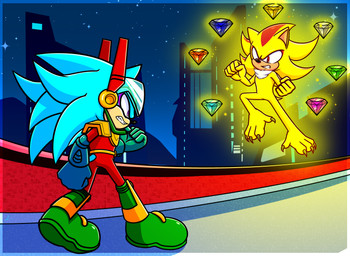 angry aura blue_body blue_fur bodysuit chaos_emerald chest_fur city cityscape claws clothing duo fighting_pose fur gem glowing hovering male male/male pose skinsuit tight_clothing toe_claws yellow_body yellow_fur zone_cop xxkenthewolfxx sega sonic_the_hedgehog_(series) fan_character shadow_the_hedgehog eulipotyphlan hedgehog mammal absurd_res hi_res