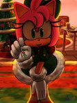 accessory anthro christmas_clothing christmas_tree clothing dress female gloves green_lips hair_accessory hair_ribbon handwear holidays holly_(plant) inside lips mistletoe plant ribbons solo tree aerosin christmas sega sonic_the_hedgehog_(series) amy_rose eulipotyphlan hedgehog mammal 3:4 hi_res