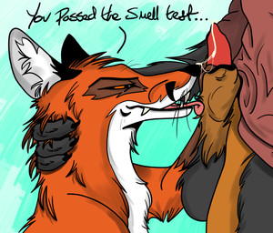 anthro black_sheath_slit bodily_fluids cum cum_on_face duo fellatio finger_in_sheath foreplay fur genital_fluids genitals grabbing_head half-erect licking male male/male oral penile penis penis_lick precum red_body red_fur sex sharp_teeth sheath_slit smile teeth text tongue renwick-fox_(artist) canid canine canis domestic_dog fox mammal absurd_res digital_drawing_(artwork) digital_media_(artwork) english_text hi_res