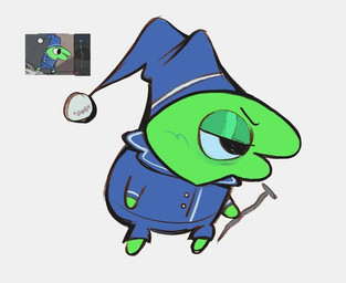 angry annoyed biped black_eyebrows black_eyes blue_clothing blue_hat blue_headwear blue_pajamas button_(fastener) clothed clothing eyebrows green_body green_skin half-closed_eyes hat headgear headwear holding_nail male nail narrowed_eyes nightcap simple_background solo standing tired white_background tunafishhhh8 adult_swim cartoon_network smiling_friends glep_(smiling_friends) critter_(smiling_friends) 2025 colored digital_drawing_(artwork) digital_media_(artwork) reference_image