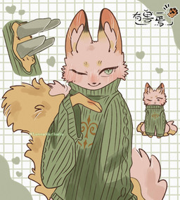 blush checkered checkered_background clothed clothed_feral clothed_male clothing cutaway feral front_view fur furgonomics green_background green_clothing green_eyes green_sweater green_topwear inner_ear_fluff male male_feral multicolored_body multicolored_fur one_eye_closed orange_body orange_fur oversized_clothing oversized_sweater oversized_topwear pattern_background paws quadruped simple_background solo sweater text topwear tuft two_tone_body two_tone_fur white_body white_fur lunnanathalia fabulous_beasts hua_jiao canid canine chenghuang fox mammal 2026 absurd_res artist_name copyright_name digital_drawing_(artwork) digital_media_(artwork) hi_res shaded soft_shading watermark