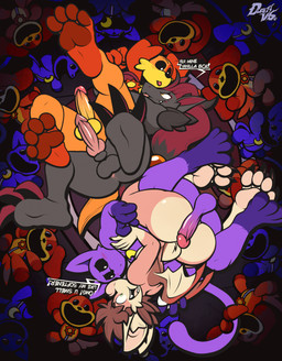 anus back_wings balls bedroom_eyes black_body black_fur black_sclera blep brown_body brown_fur brown_hair brown_pawpads butt cheek_tuft claws dialogue erection facial_tuft fangs floppy_ears fur genitals hair half-closed_eyes humanoid_genitalia humanoid_penis hybrid_genitalia hybrid_penis imminent_anal imminent_sex knot male male/male membrane_(anatomy) membranous_wings narrowed_eyes open_mouth open_smile pawpads paws penis perineum pink_pawpads plushie purple_body purple_fur red_hair seductive smile smirk smug smug_face speech_bubble tan_body tan_fur teeth text toe_claws tongue tongue_out tuft wide_eyed wings dustythebat mob_entertainment nintendo pokemon poppy_playtime smiling_critters catnap_(poppy_playtime) dogday_(poppy_playtime) dusty_mcwari bat canid canine canis domestic_cat domestic_dog felid feline felis generation_5_pokemon mammal pokemon_(species) zoroark english_text hi_res