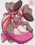 5_fingers accessory anthro big_breasts bow_(feature) bow_accessory bow_ribbon braided_hair breasts brown_body brown_fur cleavage clothed clothing eyewear female fingers fur glasses green_eyes hair hair_accessory hair_bow hair_ribbon huge_breasts long_hair multicolored_body multicolored_fur pink_hair ribbons ring simple_background smile solo two_tone_body two_tone_fur white_background white_body white_fur chalo las_lindas taffy_(las_lindas) lagomorph leporid mammal rabbit 2020 half-length_portrait portrait signature