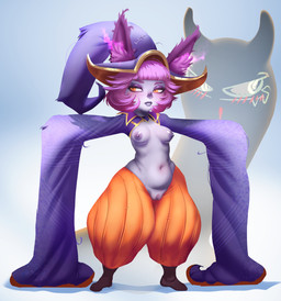 animal_ears areola blush bottomwear breasts brown_clothing brown_footwear brown_shoes clothing duo exposed_breasts eyelashes eyeshadow female footwear genitals gradient_background grey_body hair hat headgear headwear inner_ear_fluff innie_vulva lipstick long_sleeves makeup navel nipples orange_bottomwear orange_clothing orange_eyes orange_pants pants pupils purple_areola purple_clothing purple_eyeshadow purple_hair purple_hat purple_headwear purple_lipstick purple_nipples purple_topwear shoes short_hair shortstack shortstack_female simple_background slightly_chubby slit_pupils small_breasts solo thick_thighs topwear tuft vulva wide_hips vestavice league_of_legends riot_games tencent shadow_(lol) vex_(lol) humanoid shadow_creature yordle hi_res
