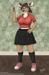 anthro bottomwear breasts cleavage clothed clothing eyewear female footwear glasses pleated_skirt shoes skirt sneakers socks solo stylus text oneflymagpie sara_finch deer mammal hi_res url