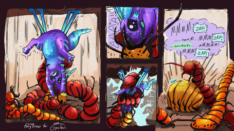 abdominal_bulge ambiguous_gender antennae_(anatomy) anthro anthro_prey back_tentacles biped blue_body blue_markings dipstick_tail dipstick_tentacles electric_shock feral feral_pred markings oral_vore purple_body shocked size_difference smaller_pred striped_markings stripes tail tail_markings tentacles vore whiskers conditional_dnp foxyoreos gyrotech rain_world videocult yoku_(gyrotech) centipede_(rain_world) red_centipede_(rain_world) slugcat 16:9 4k absurd_res comic hi_res widescreen