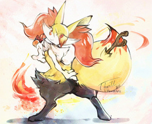 3_fingers anthro arm_tuft big_tail biped black_body black_fur braided_hair breasts butt cheek_tuft claws closed_smile digitigrade dipstick_tail elemental_manipulation eye_through_hair eyelashes facial_tuft featureless_breasts female female_anthro finger_claws fingers fire fire_manipulation fur hair hair_over_eye hip_tuft inner_ear_fluff looking_at_viewer looking_back looking_back_at_viewer markings mouth_closed multicolored_body multicolored_fur nude_ambiguous nude_anthro object_in_tail orange_body orange_eyes orange_fur orange_inner_ear_fluff orange_tail_tip pointy_ears prick_ears rear_view red_bow shoulder_tuft simple_background small_breasts smile solo standing stick stick_in_tail tail tail_markings translucent translucent_hair tuft twitter_handle two_tone_tail white_background white_body white_claws white_fur yellow_body yellow_ears yellow_fur yellow_tail thwillartz nintendo pokemon pardonne braixen canid generation_6_pokemon mammal pokemon_(species) 2026 colored dated digital_media_(artwork) digital_painting_(artwork) full-length_portrait hi_res painting_(artwork) portrait shaded signature