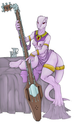 accessory anthro beverage bottomwear bracelet breasts clothed clothing container cup exposed_breasts female furgonomics gold_(metal) gold_jewelry holding_object ineffective_clothing jewelry jug musical_instrument necklace nipples pink_body playing_music plucked_string_instrument red_eyes ring simple_background sitting smile solo string_instrument tail tail_accessory tail_jewelry tail_ring topwear pav shannon_(bahumot) kobold lizard reptile scalie digital_media_(artwork)