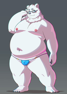 anthro belly big_belly clothing eyewear fur glasses kemono male moobs navel nipples overweight overweight_male simple_background solo standing swimwear white_body white_fur kemoniku120 bear mammal polar_bear ursine 2026 absurd_res hi_res