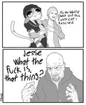 2_panel_comic anthro beanie beard clothing dialogue eyewear facial_hair female gesture glasses group half-closed_eyes hand_gesture hat headgear headwear hoodie jacket male mottled mustache narrowed_eyes open_mouth piebald pointing profanity question_mark shirt text topwear trio tamal breaking_bad epic_games fortnite jesse_pinkman meow_skulls walter_white calico_cat domestic_cat felid feline felis human mammal comic crossover english_text hi_res monochrome