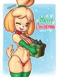 anthro biped breasts clothed clothing eyelashes female fur hair pupils smile swimwear text thick_thighs ruruduu animal_crossing nintendo isabelle_(animal_crossing) canid canine canis domestic_dog mammal hi_res