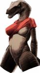 anthro breasts brown_body brown_scales clothing female genitals hands_behind_back non-mammal_breasts one_breast_out open_mouth presenting pussy scales shirt smile solo standing teeth topwear sturaptor lu dinosaur dromaeosaurid prehistoric_species reptile scalie theropod utahraptor hi_res sketch